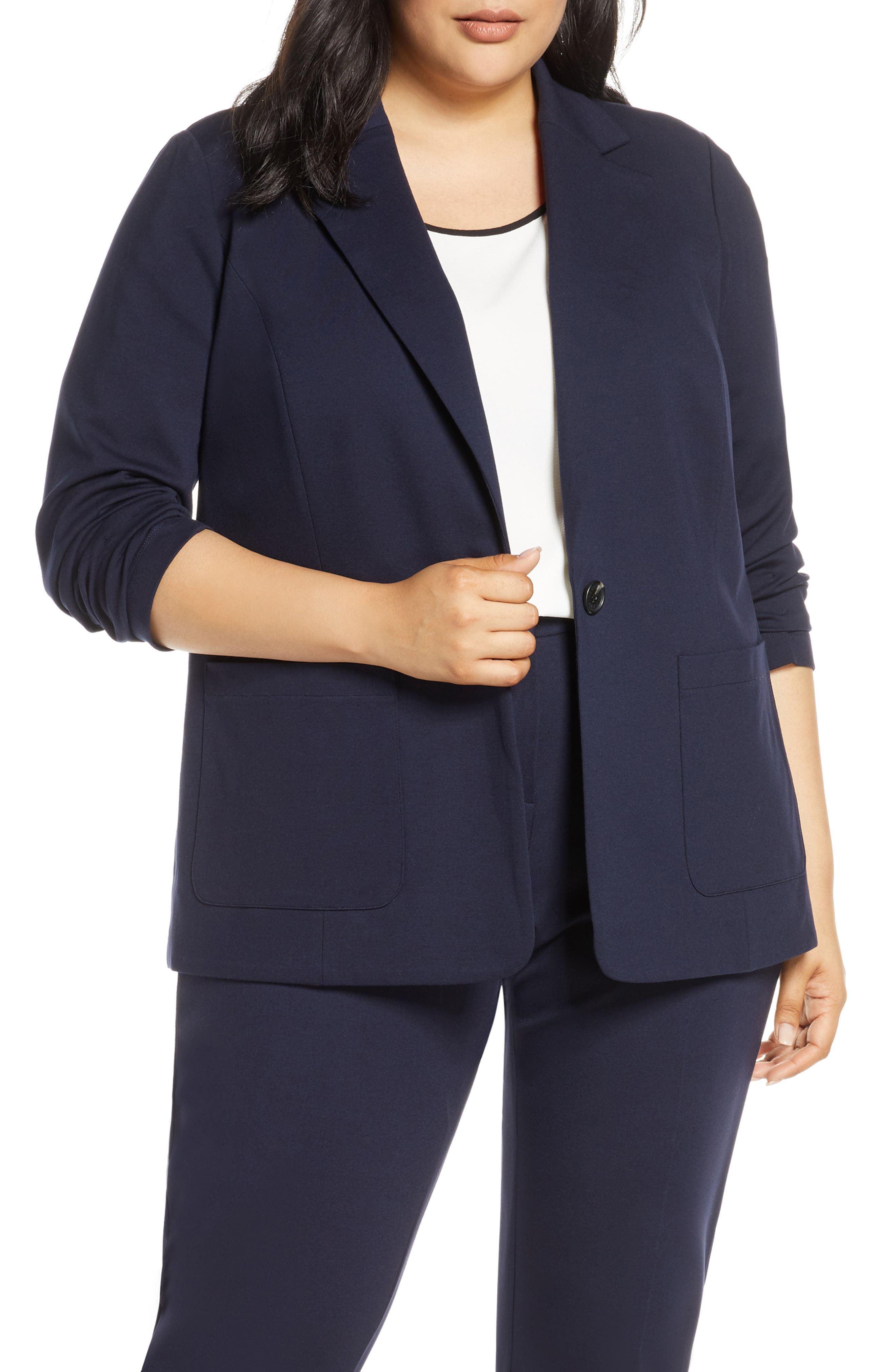 Vince Camuto Womens Plus Size Ruched Sleeve Ponte Two-Pocket Blazer Vince Camuto Womens Plus Size Ruched Sleeve Ponte Two-Pocket Blazer